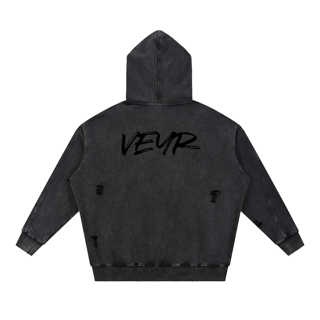 Snow Washed Distressed Panel Pocket Hoodie